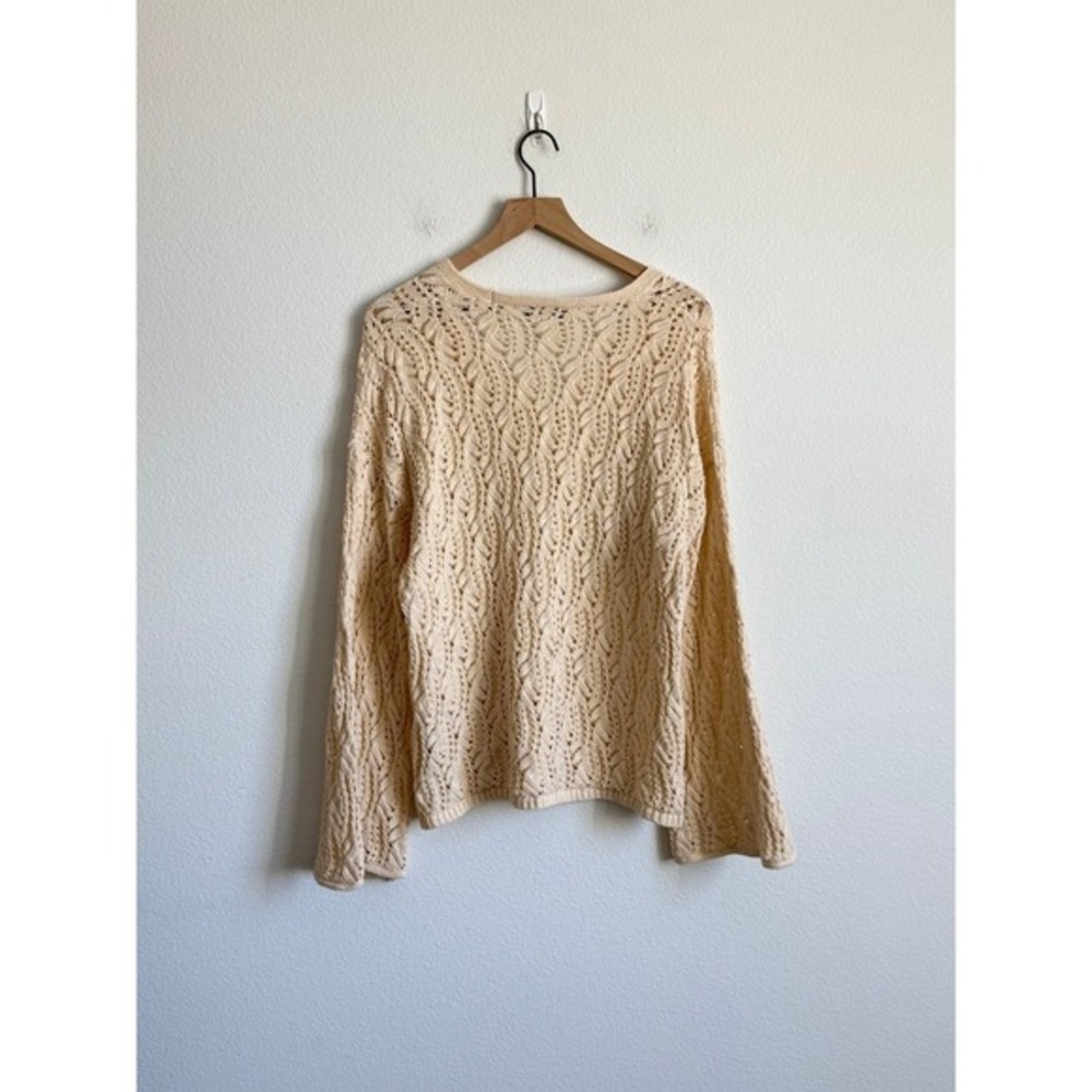 Zara Crochet Open Knit Sweater Cream V-Neck Bell Sleeve Boho Pullover Top M - Picture 8 of 8